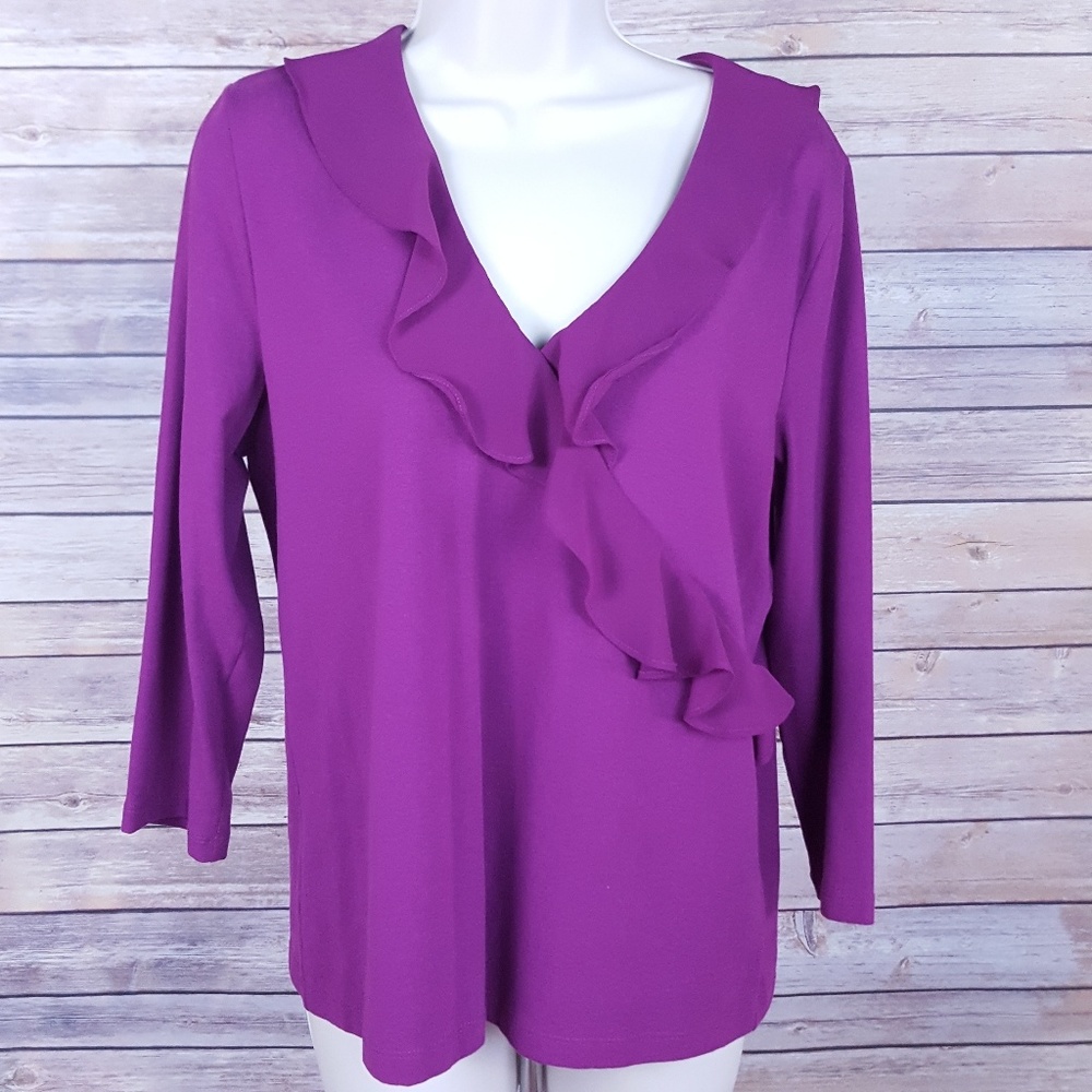 Chaps long sleeve blouse with ruffle vneck